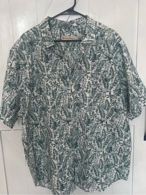 Tommy Bahama White and Deep Sea Teal Green Botanical Camp Hawaiian Shirt